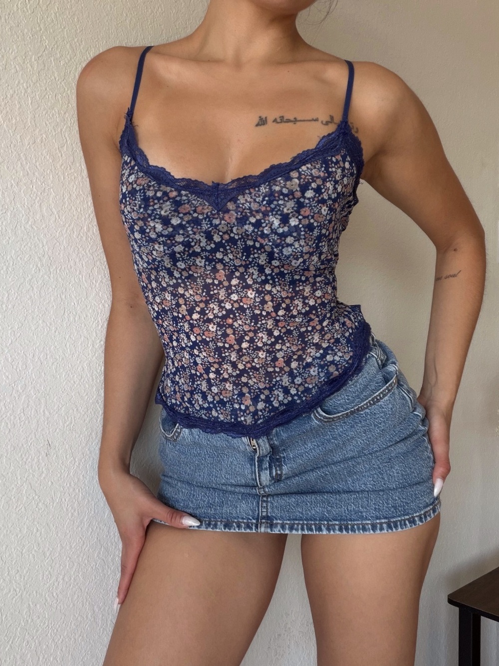 Y2k Forever 21 Floral Blue Sheer Lace Cami Top